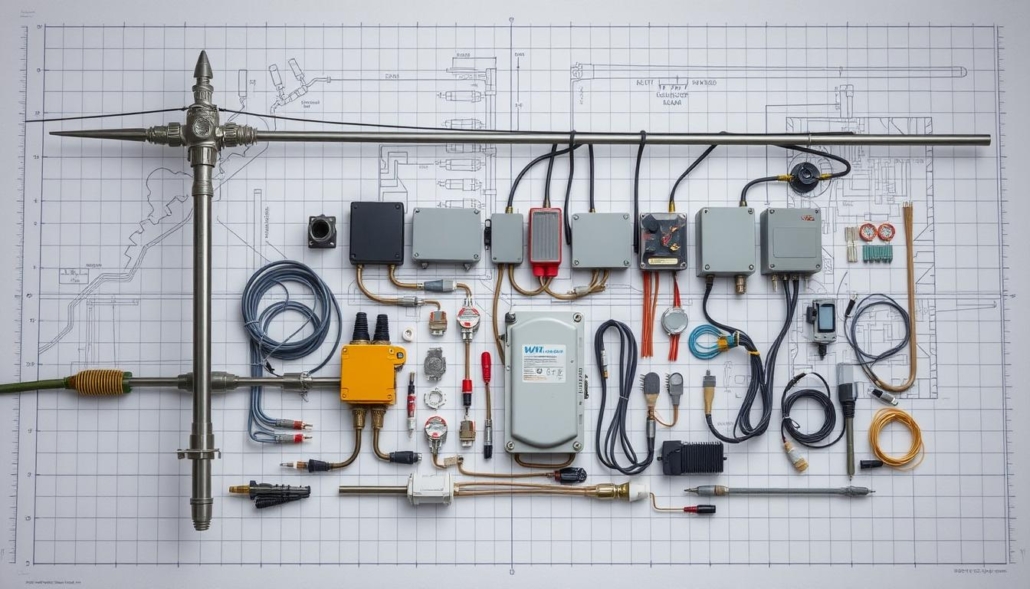 A detailed cross-section view of lightning protection components arranged on a technical blueprint background. In the foreground, a lightning rod, grounding rod, and surge arrester are prominently displayed. In the middle ground, diverse connectors, cables, and junction boxes are neatly organized. The background features a subtle grid pattern, conveying a sense of precision and engineering. The lighting is neutral, showcasing the intricate details of each component. The overall scene has a muted color palette, emphasizing the functional and industrial nature of the lightning protection system.