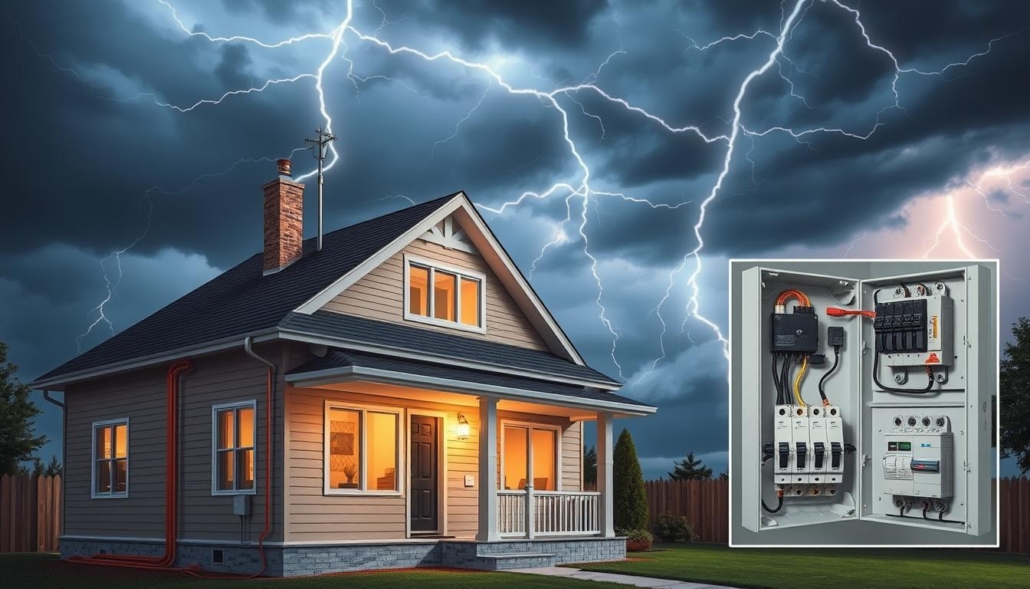 a detailed, photorealistic illustration of a lightning protection system installed on a residential home, showcasing its key components and benefits. The foreground features the home's exterior with a prominent lightning rod atop the roof, surrounded by sleek copper-colored grounding cables running down the walls and into the ground. The middle ground depicts power surge protectors and circuit breakers installed inside the home's electrical panel, highlighting how the system safeguards against power surges. The background shows a dramatic, stormy sky with dark clouds and bolts of lightning, contrasting with the calm, protected home in the center. The overall mood is one of safety, security, and the reliable protection offered by a well-designed lightning protection system.