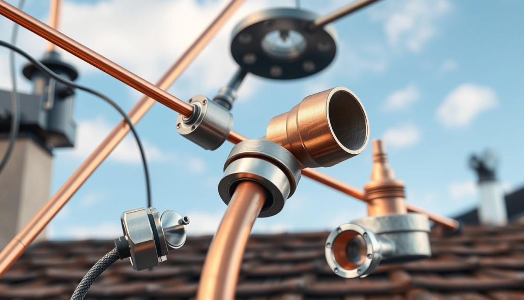 a highly detailed, realistic, hyper-photorealistic digital illustration of various safety materials and standards for DIY lightning rod installation, including close-up views of copper rods, grounding cables, connectors, and lightning arrestor devices, set against a backdrop of a domestic rooftop scene with a clear blue sky, soft natural lighting, and a sense of technical precision and safety-focused design