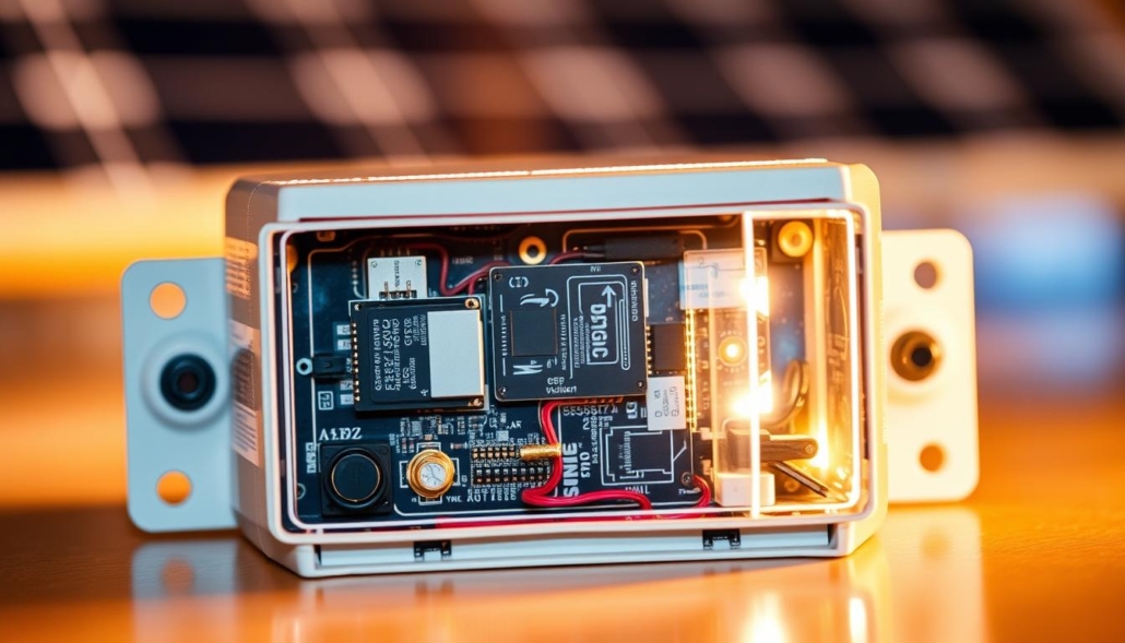 A detailed close-up view of a solar panel surge protection device, showcasing its inner workings and protective components. The device is illuminated by a soft, warm lighting, highlighting its intricate circuitry and sleek, modern design. The background is blurred, creating a sense of depth and focus on the surge protector. The image conveys a sense of technical precision and the importance of lightning protection for solar panel systems.