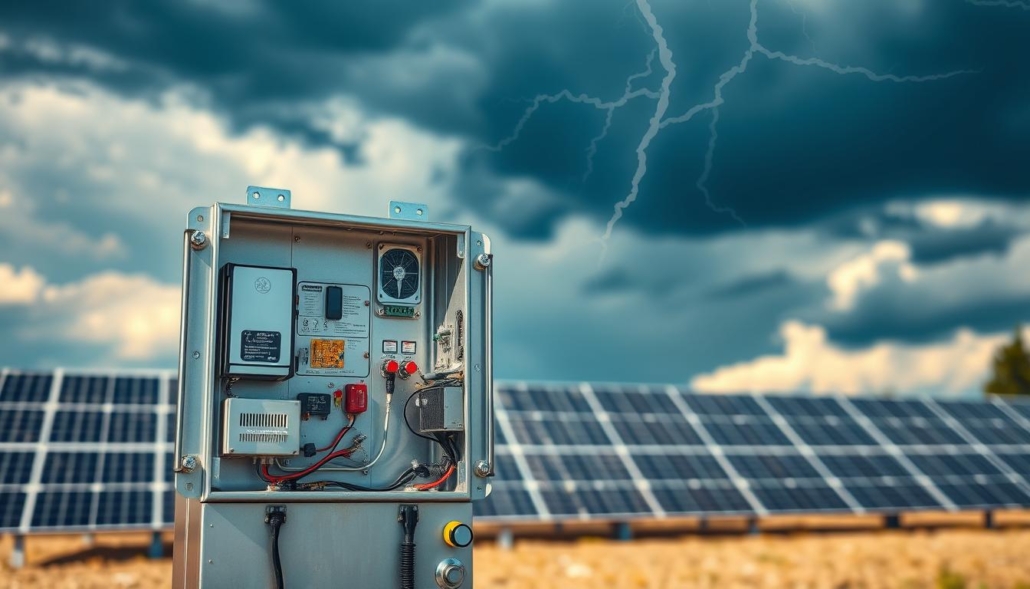 A solar energy surge protection device, its metallic casing gleaming under a dramatic sky. Crisp, high-resolution details reveal intricate circuitry, safety mechanisms, and lightning rod components. The device is positioned prominently in the foreground, casting a strong shadow that stretches across the middle ground. In the background, a photovoltaic solar panel array is visible, emphasizing the critical role of surge protection in renewable energy systems. The overall scene conveys a sense of power, technology, and the importance of safeguarding solar infrastructure from the unpredictable forces of nature.