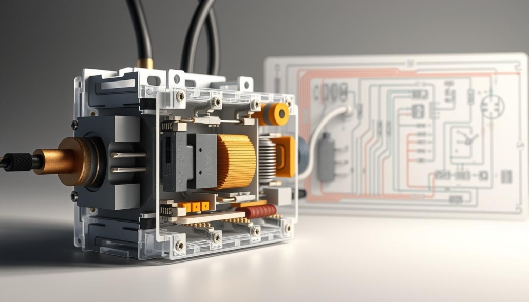 A detailed cross-section of lightning surge protection components, showcased in a clean, technical illustration. In the foreground, a close-up view of a lightning arrester module, its metal-oxide varistor and spark gap components clearly visible. In the middle ground, a circuit board with various interconnected surge protection devices, including transorbs and inductors. The background features a schematic diagram of a residential or commercial electrical system, illustrating the integration of these lightning protection elements. Lit by soft, even lighting, the scene conveys a sense of precision and functional elegance, highlighting the vital role these components play in safeguarding against electrical surges.