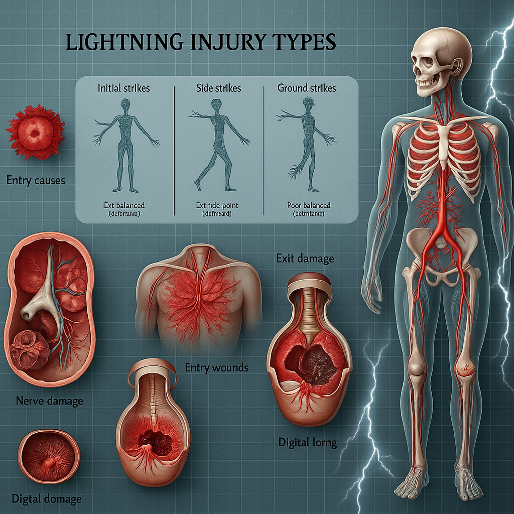 A detailed illustration of lightning injury types, showcasing a medical diagram with anatomical cross-sections of the human body. The foreground depicts various injury patterns, such as entry and exit wounds, nerve damage, and circulatory system impacts, rendered in a clinical yet visually striking manner. The middle ground features labeled diagrams highlighting the physiological effects of lightning strikes on the body, while the background sets a somber, muted tone with a subtle grid or graph paper texture, emphasizing the informative, educational nature of the image. The lighting is soft, indirect, and evenly distributed, allowing the medical details to be clearly visible. The overall composition and color palette convey a sense of scientific precision and gravity, aligned with the informative subject matter.