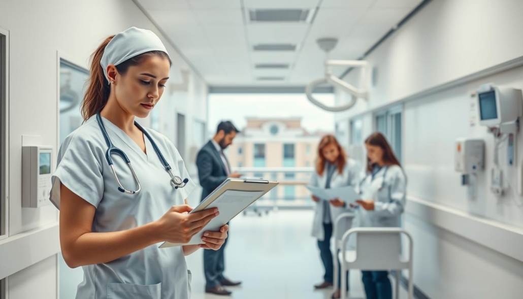 A hospital ward with stark white walls and gleaming medical equipment. In the foreground, a nurse meticulously reviews a clipboard, her expression serious as she examines regulatory standards. In the middle ground, a team of administrators pore over documents, brows furrowed in concentration. The background reveals a panoramic view of the hospital, its architecture a blend of modern and traditional elements. Soft, diffused lighting casts a serene, professional atmosphere, underscoring the importance of adherence to regulatory guidelines. The scene conveys the gravity of risk assessment in maintaining a safe, compliant healthcare environment.