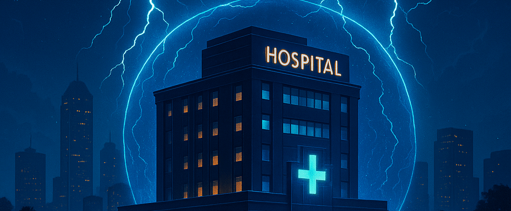 High‑tech hospital shielded from lightning – A modern Tampa hospital protected by an energy dome as lightning strikes around it