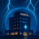 High‑tech hospital shielded from lightning – A modern Tampa hospital protected by an energy dome as lightning strikes around it