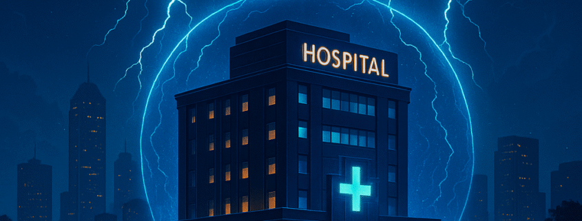 High‑tech hospital shielded from lightning – A modern Tampa hospital protected by an energy dome as lightning strikes around it