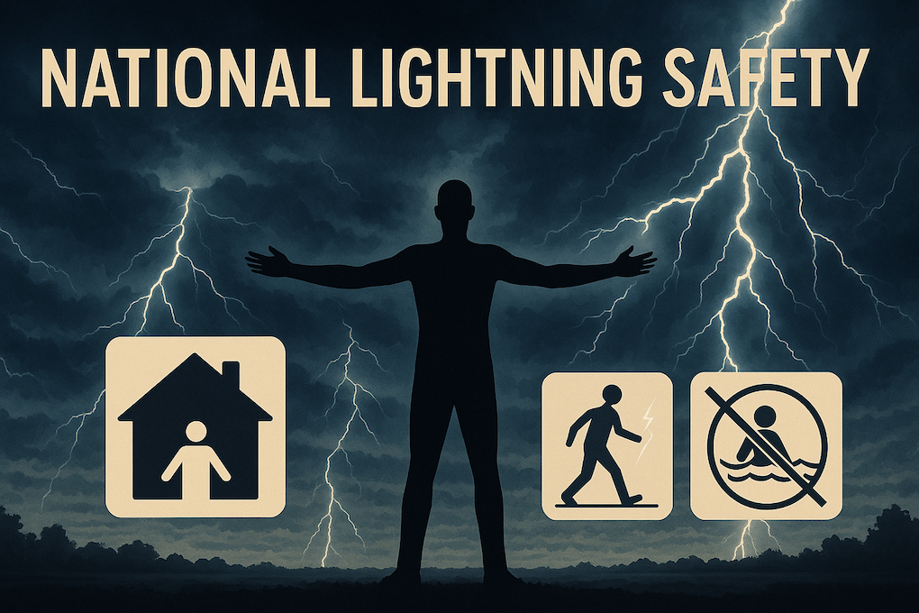 A striking image showcasing national lightning safety protocols. In the foreground, a silhouetted figure stands tall, arms outstretched, representing safety and preparedness. In the middle ground, a series of illustrated icons depict recommended actions - seeking shelter, avoiding open areas, staying away from water sources. The background features a dramatic, storm-swept sky, with jagged bolts of lightning illuminating the scene. The overall mood is one of vigilance and resilience, empowering viewers to take the necessary precautions against the dangers of lightning strikes.