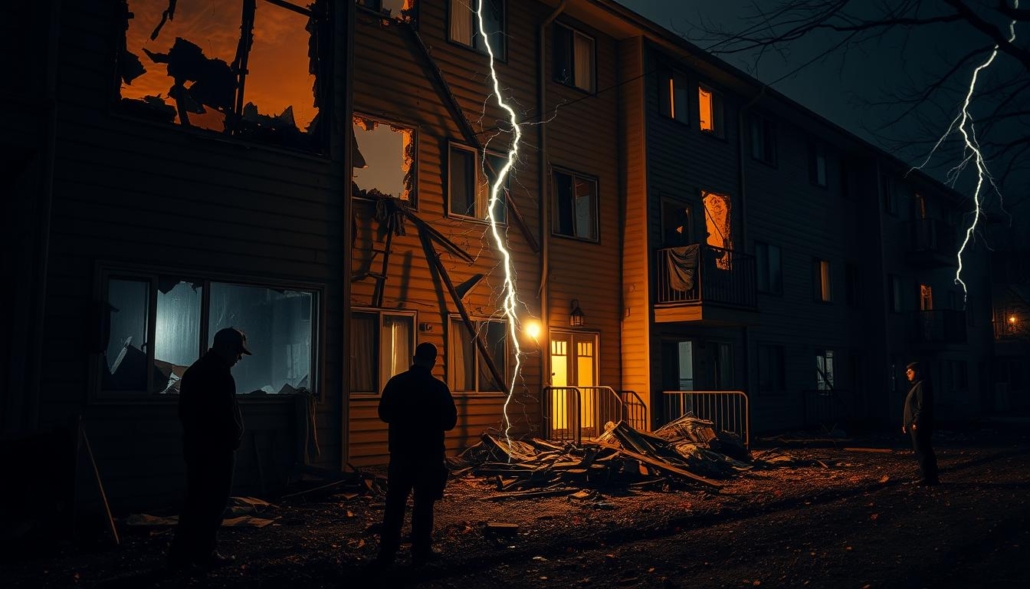 A dimly lit apartment building, its facade marred by jagged scars of lightning strike damage. Shattered windows, charred siding, and smoldering debris litter the scene, casting an eerie, foreboding atmosphere. A detailed assessment of the destruction, captured with a wide-angle lens to convey the scale of the impact. Shadowy figures of inspectors examine the damage, their expressions solemn as they document the aftermath. The image evokes the urgent need for robust lightning protection systems in multi-family residences, safeguarding residents and property from the devastating effects of powerful electrical storms. A dimly lit apartment building, its facade marred by jagged scars of lightning strike damage. Shattered windows, charred siding, and smoldering debris litter the scene, casting an eerie, foreboding atmosphere. A detailed assessment of the destruction, captured with a wide-angle lens to convey the scale of the impact. Shadowy figures of inspectors examine the damage, their expressions solemn as they document the aftermath. The image evokes the urgent need for robust lightning protection systems in multi-family residences, safeguarding residents and property from the devastating effects of powerful electrical storms.