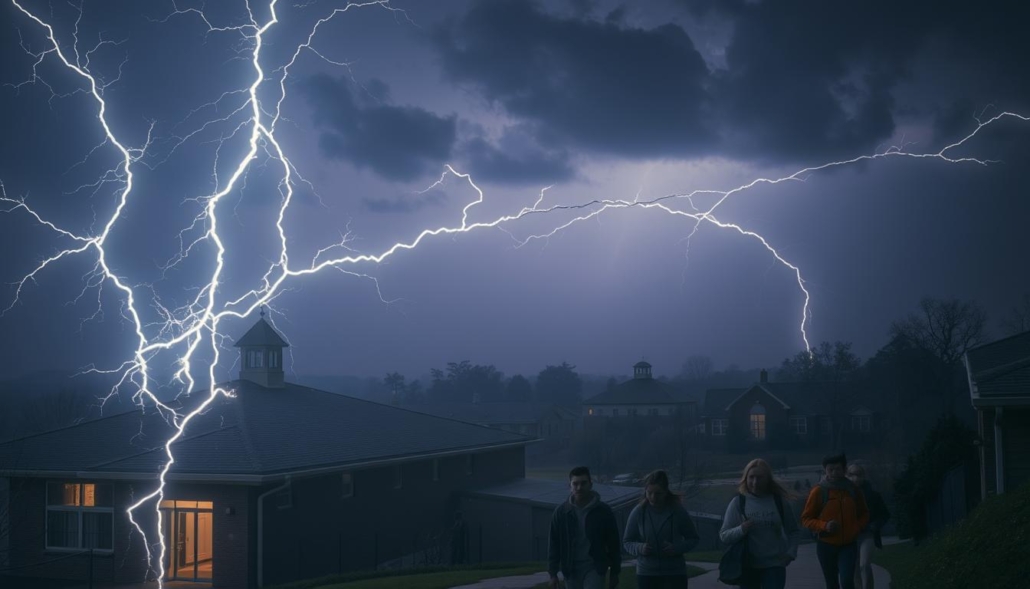 A dramatic scene of lightning striking an educational facility, illuminating the night sky. In the foreground, bolts of electricity crackle and dance across the rooftops of a school building, casting an eerie glow. In the middle ground, students and faculty hurry to take shelter, their expressions a mix of awe and concern. The background is shrouded in a moody, atmospheric haze, with the silhouettes of other campus structures visible in the distance. The lighting is harsh and dramatic, creating deep shadows and highlights that accentuate the raw power of the storm. The overall tone is one of both danger and wonder, capturing the unpredictable and potentially devastating nature of lightning in an educational environment. A dramatic scene of lightning striking an educational facility, illuminating the night sky. In the foreground, bolts of electricity crackle and dance across the rooftops of a school building, casting an eerie glow. In the middle ground, students and faculty hurry to take shelter, their expressions a mix of awe and concern. The background is shrouded in a moody, atmospheric haze, with the silhouettes of other campus structures visible in the distance. The lighting is harsh and dramatic, creating deep shadows and highlights that accentuate the raw power of the storm. The overall tone is one of both danger and wonder, capturing the unpredictable and potentially devastating nature of lightning in an educational environment.