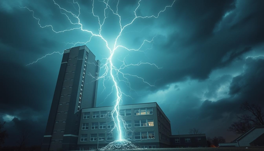 A towering school building stands against a dramatic sky, electricity crackling through the air. In the foreground, a bolt of lightning strikes the structure, its jagged tendrils illuminating the scene with a brilliant, otherworldly glow. The building's windows shatter, and debris scatters across the ground, creating a sense of chaos and urgency. The background is shrouded in deep, ominous clouds, hinting at the power and unpredictability of the storm. The camera angle is slightly elevated, capturing the full scale of the lightning's impact and the building's vulnerability. The overall mood is one of awe, danger, and the raw force of nature. A towering school building stands against a dramatic sky, electricity crackling through the air. In the foreground, a bolt of lightning strikes the structure, its jagged tendrils illuminating the scene with a brilliant, otherworldly glow. The building's windows shatter, and debris scatters across the ground, creating a sense of chaos and urgency. The background is shrouded in deep, ominous clouds, hinting at the power and unpredictability of the storm. The camera angle is slightly elevated, capturing the full scale of the lightning's impact and the building's vulnerability. The overall mood is one of awe, danger, and the raw force of nature.