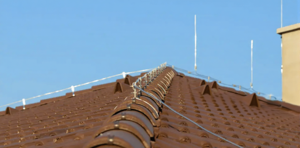 Modern house with lightning protection system on roof.