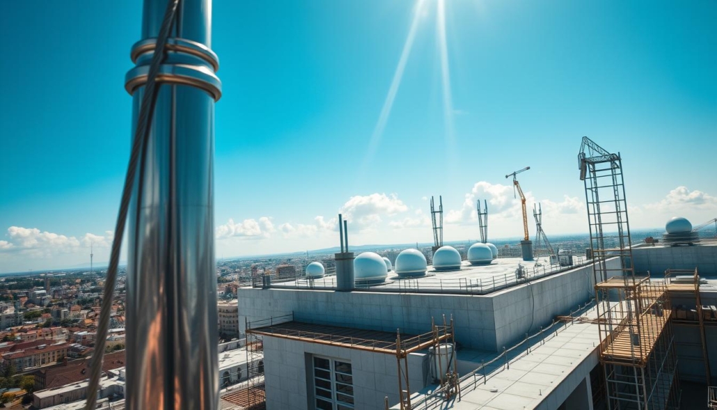 A close-up view of a modern lightning protection system featuring multiple lightning rods and air terminals atop a newly constructed building. Integrating lightning protection in modern architecture. A close-up view of a modern lightning protection system featuring multiple lightning rods and air terminals atop a newly constructed building. Integrating lightning protection in modern architecture.