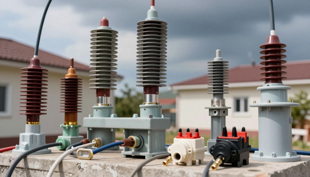 A detailed, close-up image of various lightning arrester components, showcasing a mix of modern and traditional designs. In the foreground, display essential parts like surge protectors, grounding rods, and isolation switches, all made of metallic and non-metallic materials. The middle ground should illustrate connections, wires, and mounting systems, depicting the complexity of installation. In the background, a blurred depiction of a residential building with a clear sky hinting at stormy weather conditions, emphasizing the necessity of these components. The lighting should be bright and natural, enhancing the textures of the materials, captured at an angle that conveys depth and clarity. The overall atmosphere should feel technical yet approachable, suitable for understanding the importance and reliability of lightning arresters in building safety.