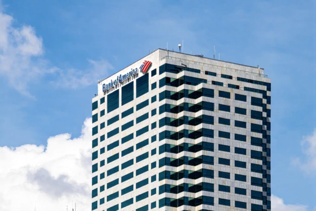 Modern bank building exterior with professionally installed lightning protection system and air terminals