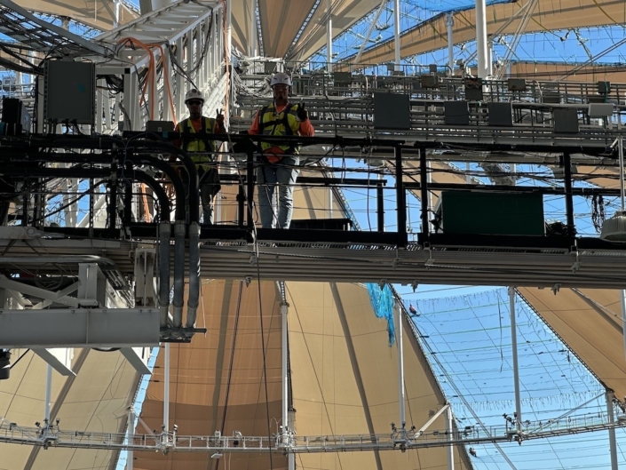 Custom fabricated lightning protection mast with hurricane-force wind resistance for Tropicana Field