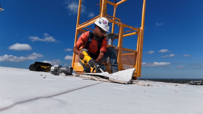 All South Lightning Protection installing ESE lightning protection mast at Tropicana Field