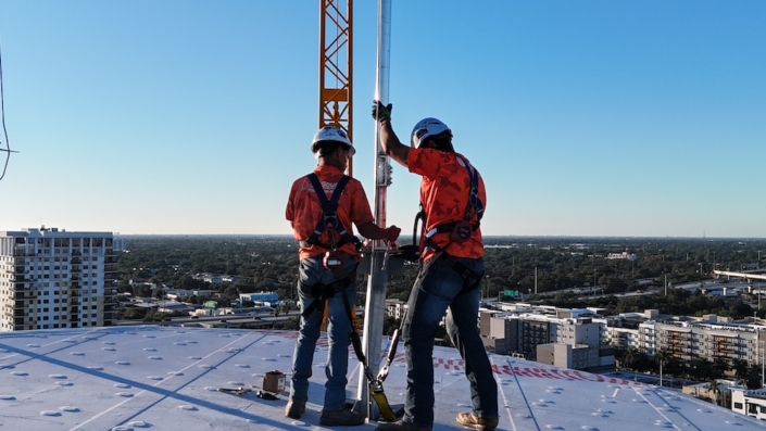 Lightning protection mast installed 245 feet above home plate at Tropicana Field center dome