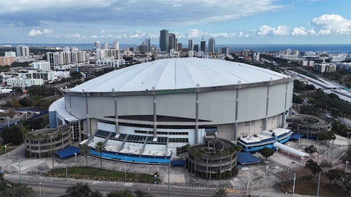 Roof reconstruction and lightning protection work at Tropicana Field after Hurricane Milton