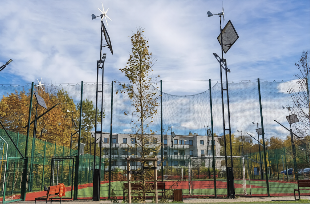 Lightning protection system installed at a public park with playground equipment