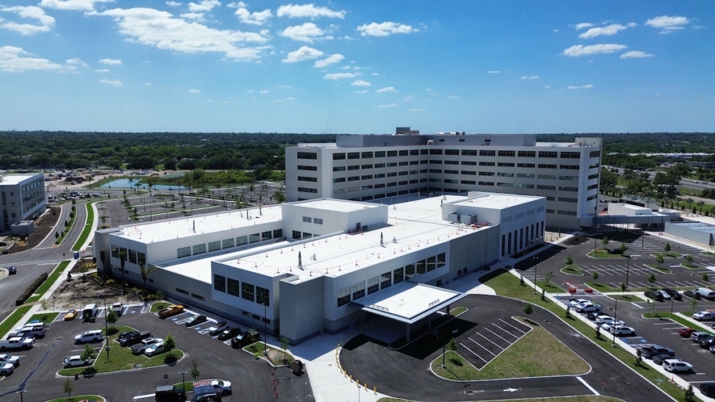 Lightning protection air terminals installed on a Florida hospital rooftop meeting NFPA 780 requirements