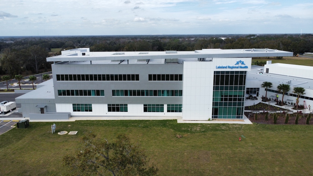 Lightning protection air terminals installed on a Florida hospital rooftop, NFPA 780 compliant system