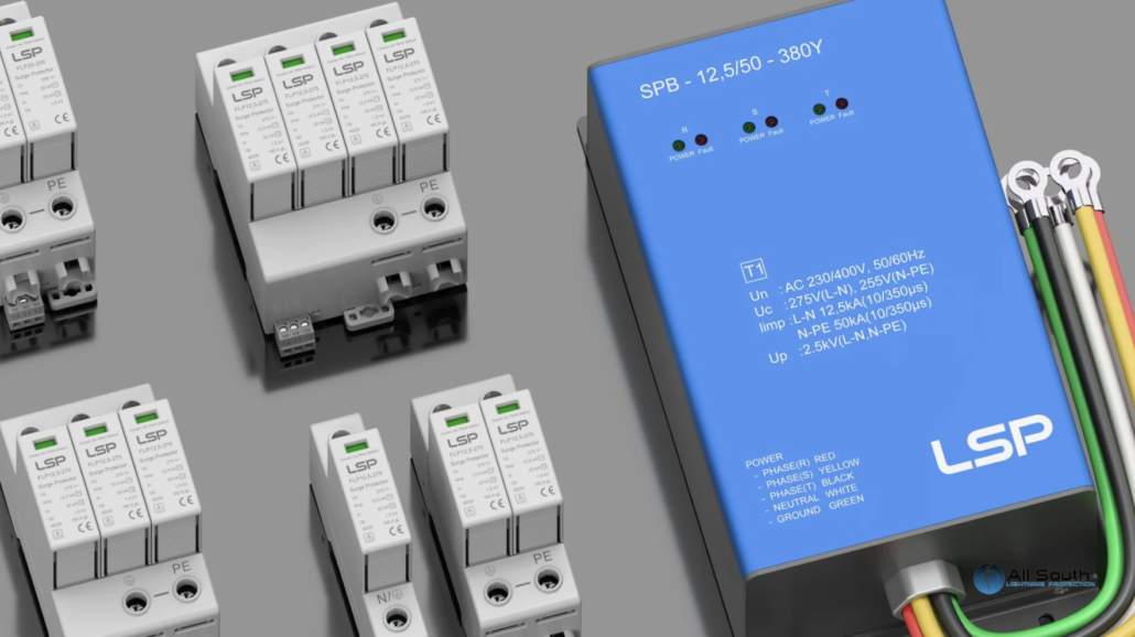 Commercial electrical panel with Type 1 surge protective device installed as part of lightning safety week tips