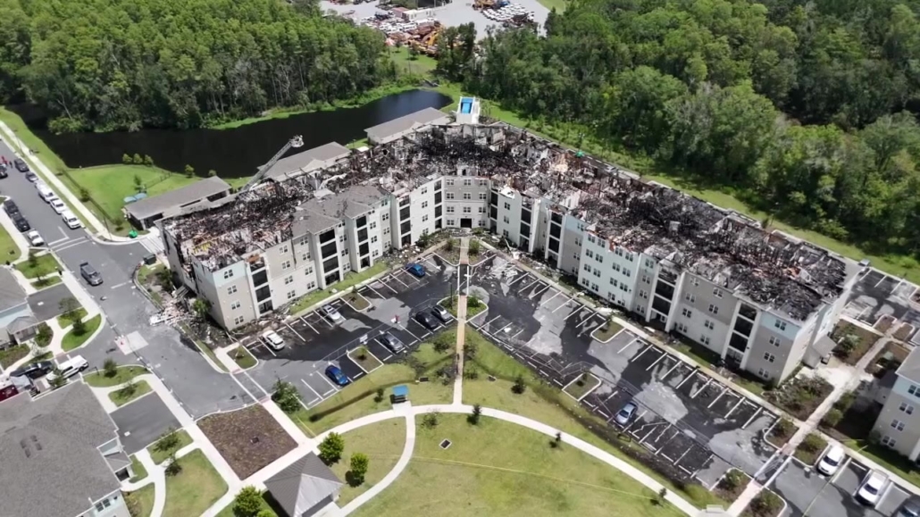 Aerial view of the burned roof of Cobalt Apartments in Wesley Chapel, Florida after the August 2026 lightning fire