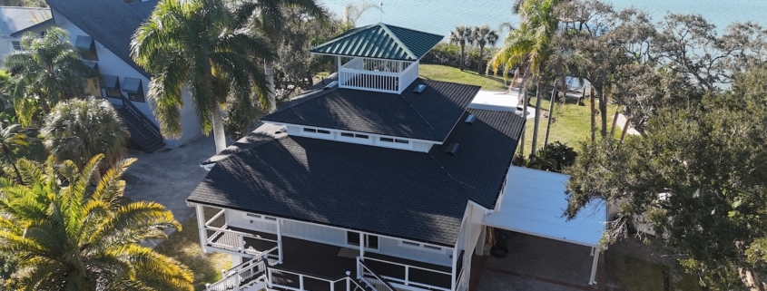 Waterfront Jacksonville home with lightning protection air terminals installed on roof ridge